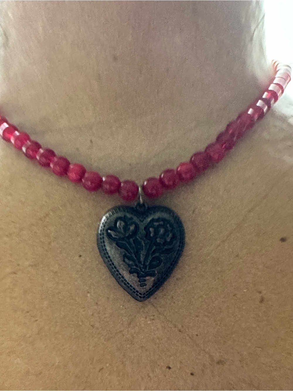 Red Beaded Necklace with Heart Floral Pendant